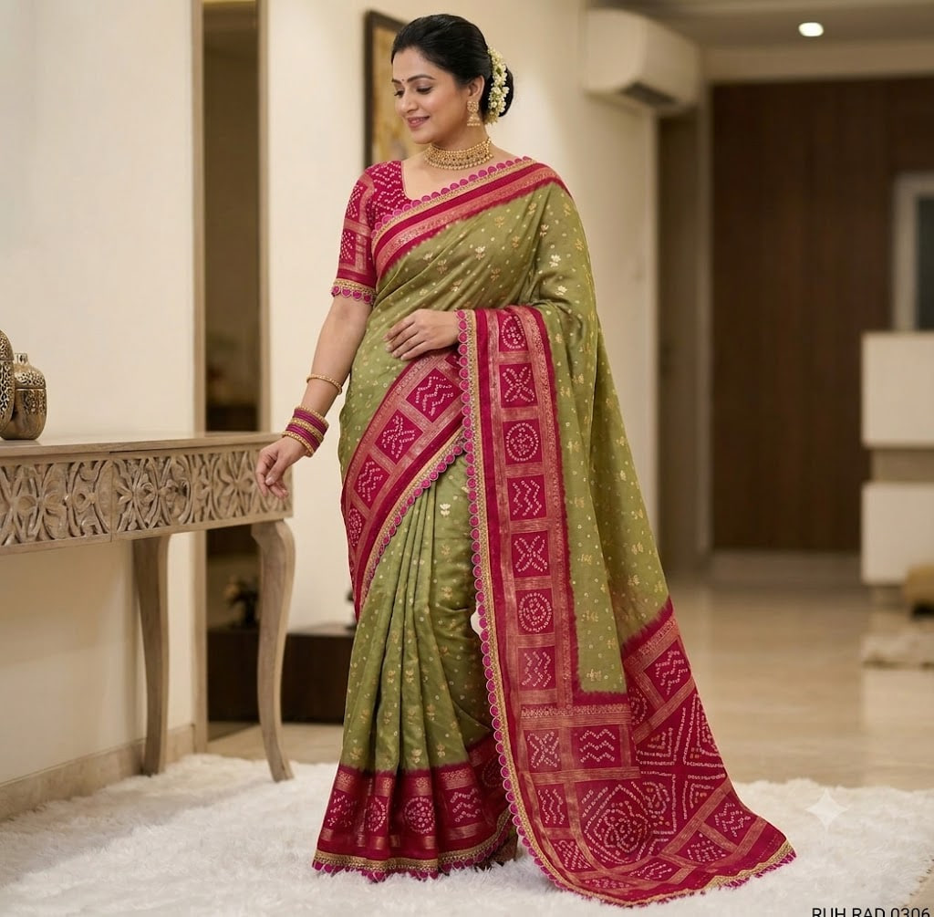 Dul Moch Saree with Embroidery work - Olive Green and Rani Pink